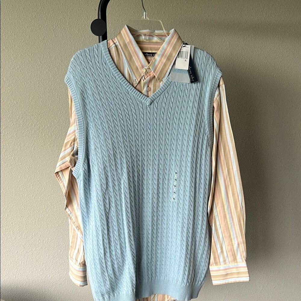 NWT Northern Isles Light Blue Cable Knit Sweater Vest and L/S Shirt - XL